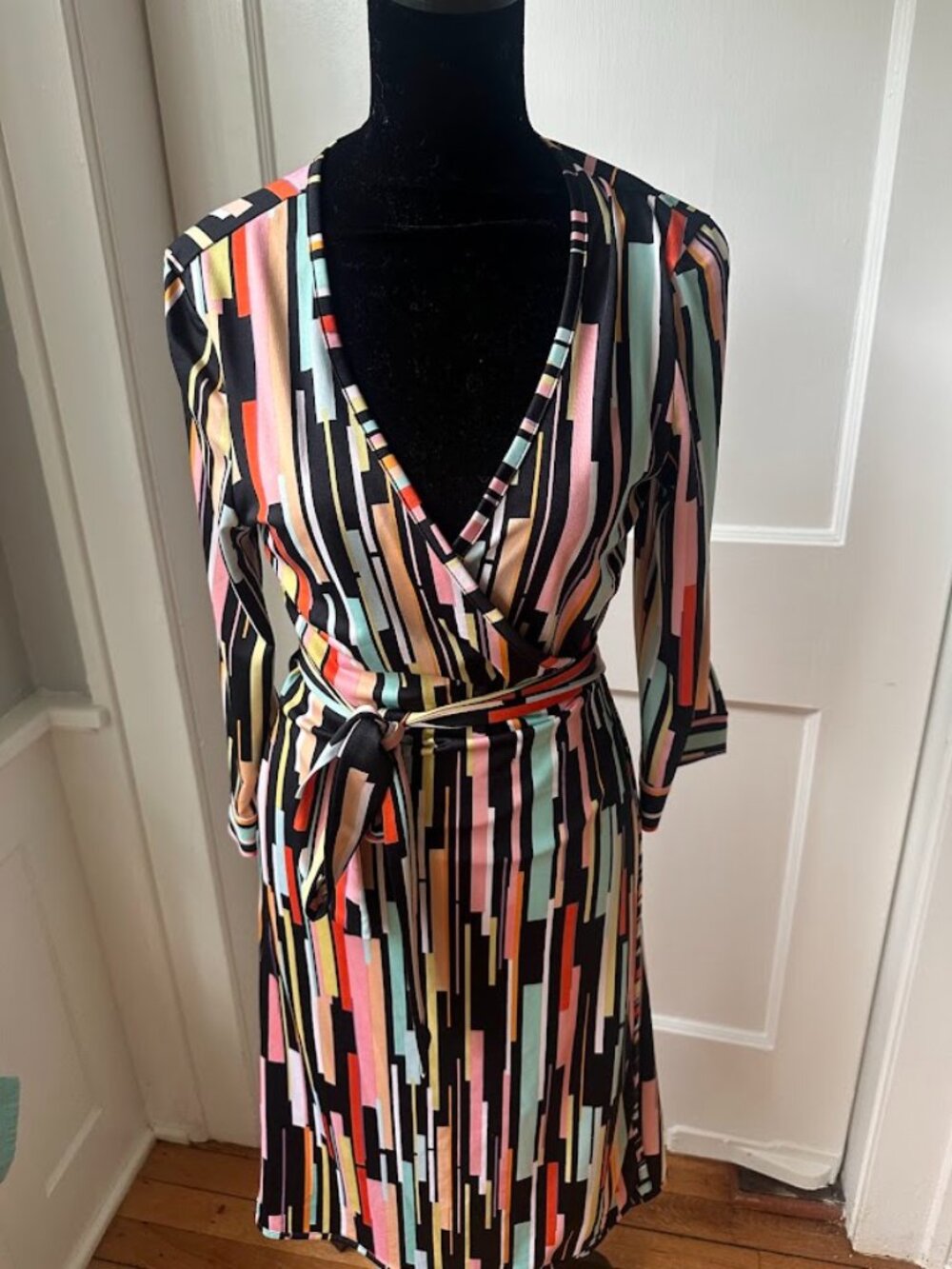Beautiful multicolor, geometric design JB by Julie Brown wrap dress, medium